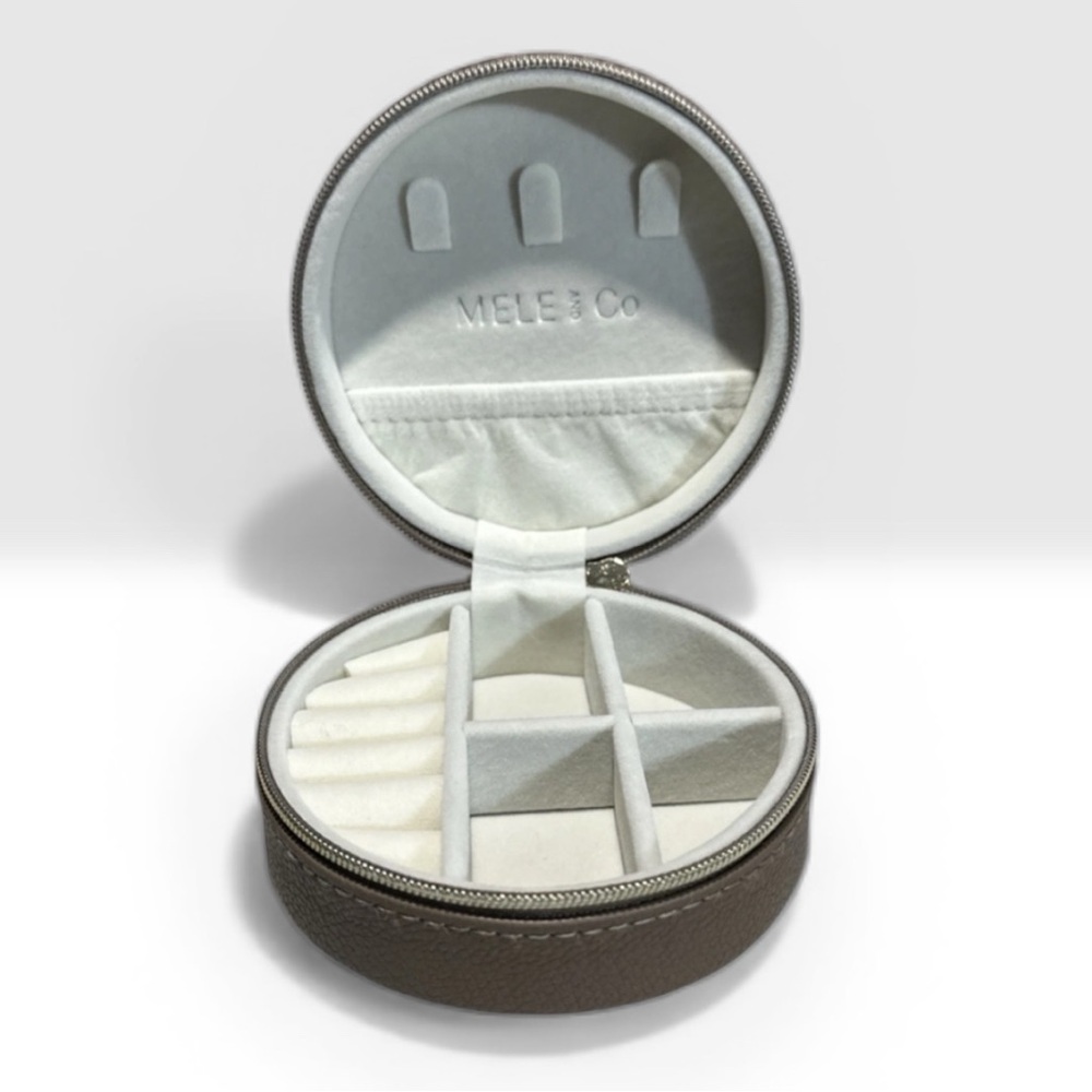 Mele & Co. Stow and Go Mini Travel Round Jewelry Box Brown Leather 4”Rx2”